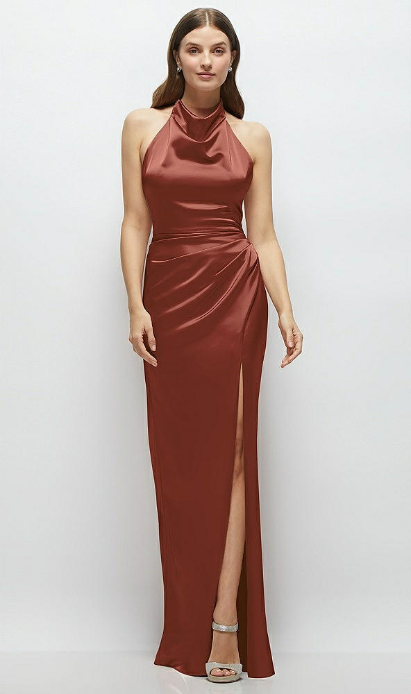 Front View - Auburn Moon Cowl Halter Open-Back Satin Maxi Dress