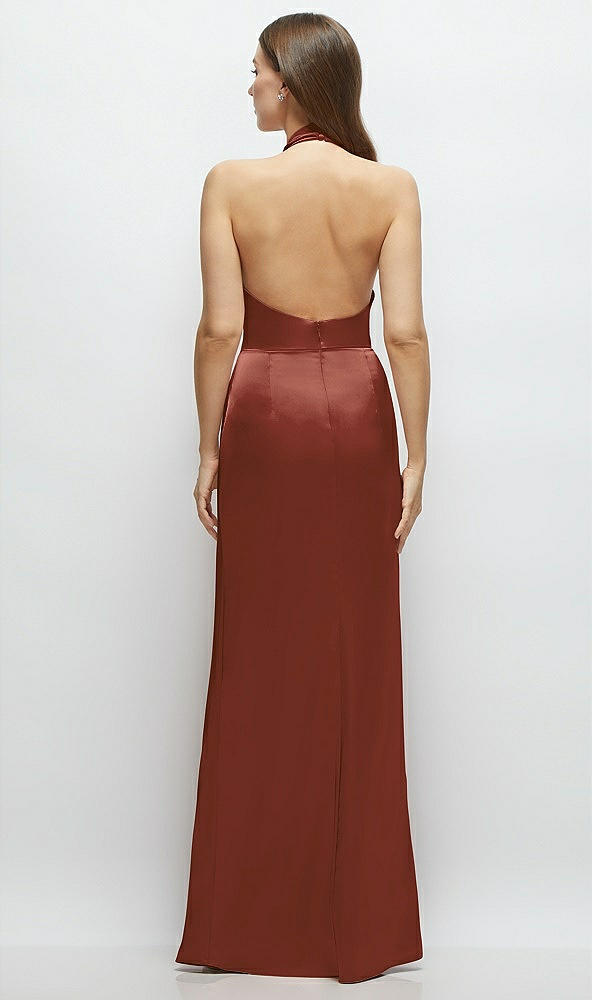 Back View - Auburn Moon Cowl Halter Open-Back Satin Maxi Dress