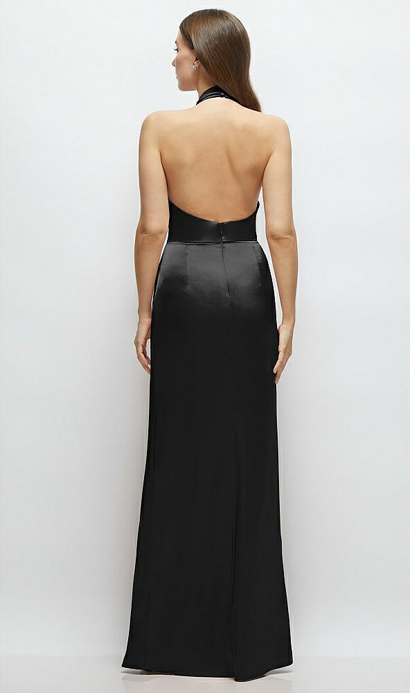 Back View - Black Cowl Halter Open-Back Satin Maxi Dress