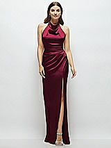 Front View Thumbnail - Cabernet Cowl Halter Open-Back Satin Maxi Dress