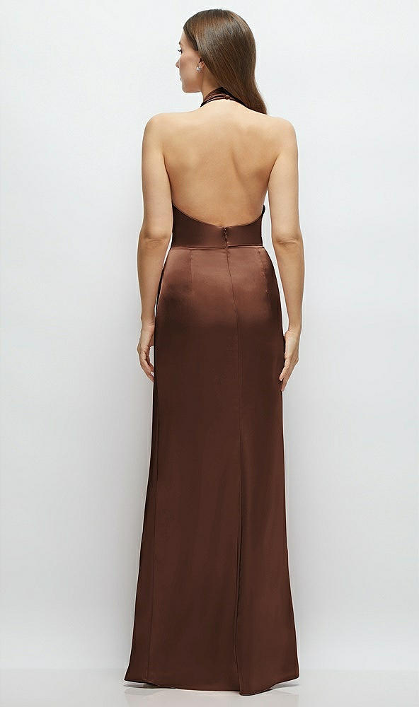 Back View - Cognac Cowl Halter Open-Back Satin Maxi Dress