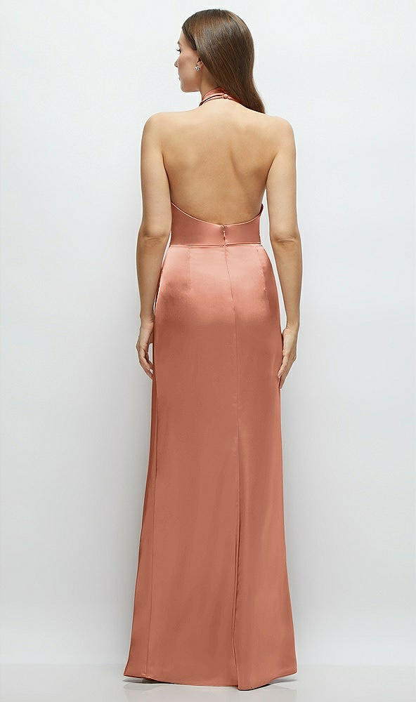 Back View - Copper Penny Cowl Halter Open-Back Satin Maxi Dress