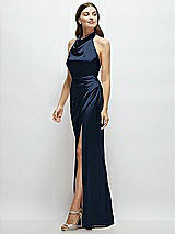 Side View Thumbnail - Midnight Navy Cowl Halter Open-Back Satin Maxi Dress