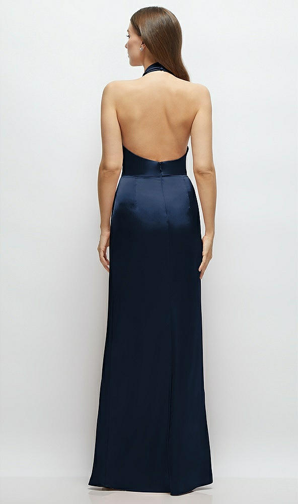 Back View - Midnight Navy Cowl Halter Open-Back Satin Maxi Dress