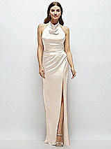 Front View Thumbnail - Oat Cowl Halter Open-Back Satin Maxi Dress