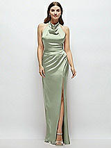 Front View Thumbnail - Sage Cowl Halter Open-Back Satin Maxi Dress