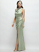 Side View Thumbnail - Sage Cowl Halter Open-Back Satin Maxi Dress