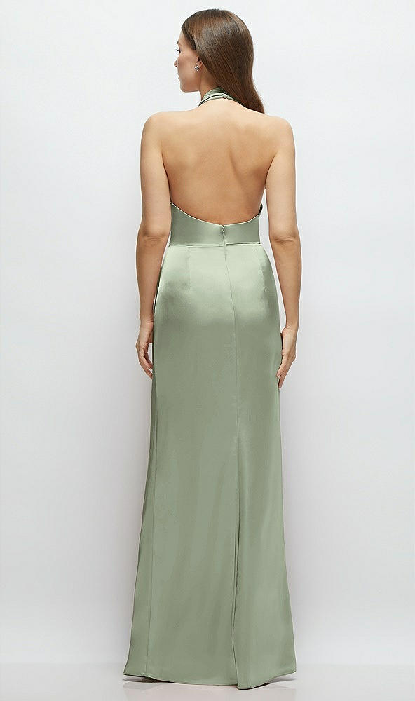 Back View - Sage Cowl Halter Open-Back Satin Maxi Dress