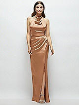 Front View Thumbnail - Toffee Cowl Halter Open-Back Satin Maxi Dress