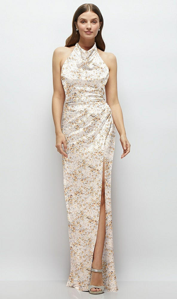 Front View - Golden Hour Cowl Halter Open-Back Floral Satin Maxi Dress