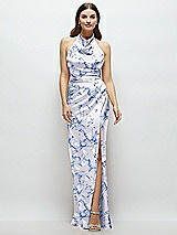 Front View Thumbnail - Magnolia Sky Cowl Halter Open-Back Floral Satin Maxi Dress