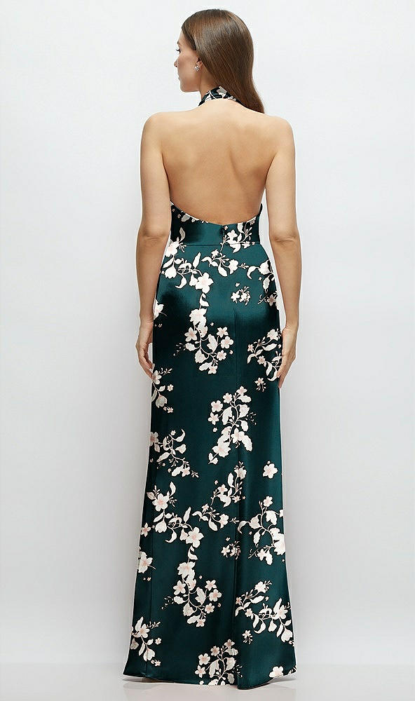 Back View - Vintage Primrose Evergreen Cowl Halter Open-Back Floral Satin Maxi Dress