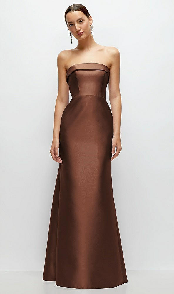 Front View - Cognac Strapless Cuff Neckline Satin Trumpet Gown