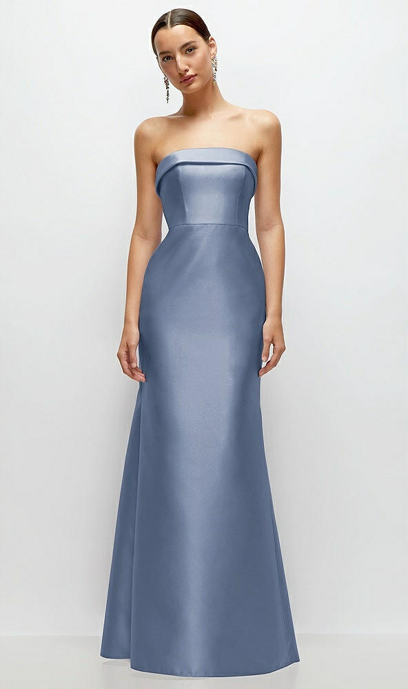 Front View - Larkspur Blue Strapless Cuff Neckline Satin Trumpet Gown