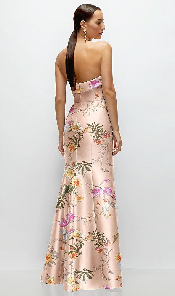 Back View - Butterfly Botanica Pink Sand Strapless Cuff Neckline Floral Satin Trumpet Gown