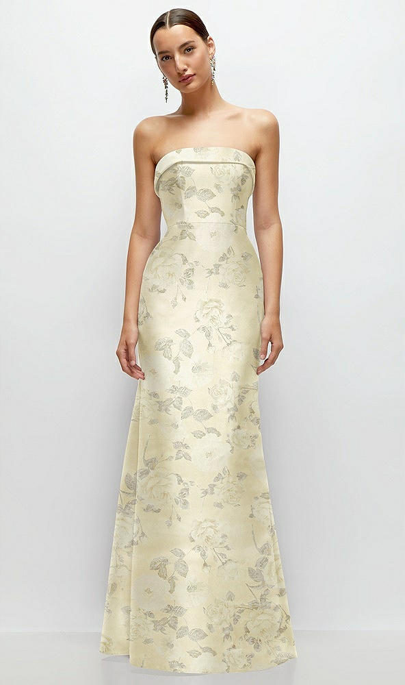 Front View - Butter Yellow Floral Strapless Cuff Neckline Floral Satin Trumpet Gown