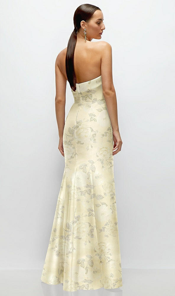 Back View - Butter Yellow Floral Strapless Cuff Neckline Floral Satin Trumpet Gown
