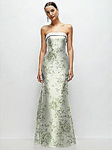 Front View Thumbnail - Sage Cottage Rose Strapless Cuff Neckline Floral Satin Trumpet Gown