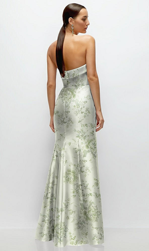 Back View - Sage Cottage Rose Strapless Cuff Neckline Floral Satin Trumpet Gown