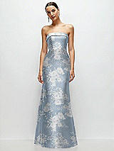 Front View Thumbnail - Porcelain Blue Seraphina Floral Strapless Cuff Neckline Floral Satin Trumpet Gown