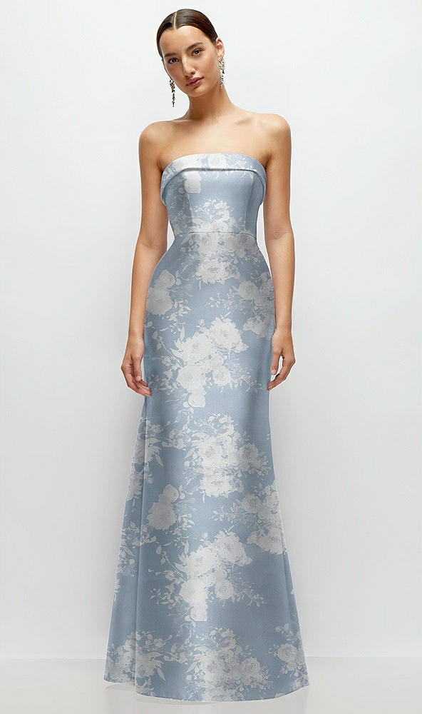 Front View - Porcelain Blue Seraphina Floral Strapless Cuff Neckline Floral Satin Trumpet Gown