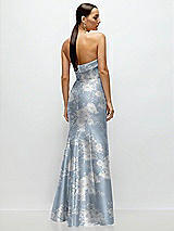 Rear View Thumbnail - Porcelain Blue Seraphina Floral Strapless Cuff Neckline Floral Satin Trumpet Gown