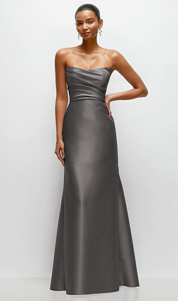 Front View - Caviar Gray Strapless Cat-Eye Draped Bodice Satin Tumpet Dress