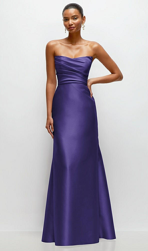 Front View - Grape Strapless Cat-Eye Draped Bodice Satin Tumpet Dress