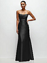 Front View Thumbnail - Black Strapless Cat-Eye Draped Bodice Satin Tumpet Dress