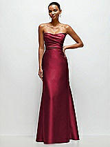 Front View Thumbnail - Burgundy Strapless Cat-Eye Draped Bodice Satin Tumpet Dress