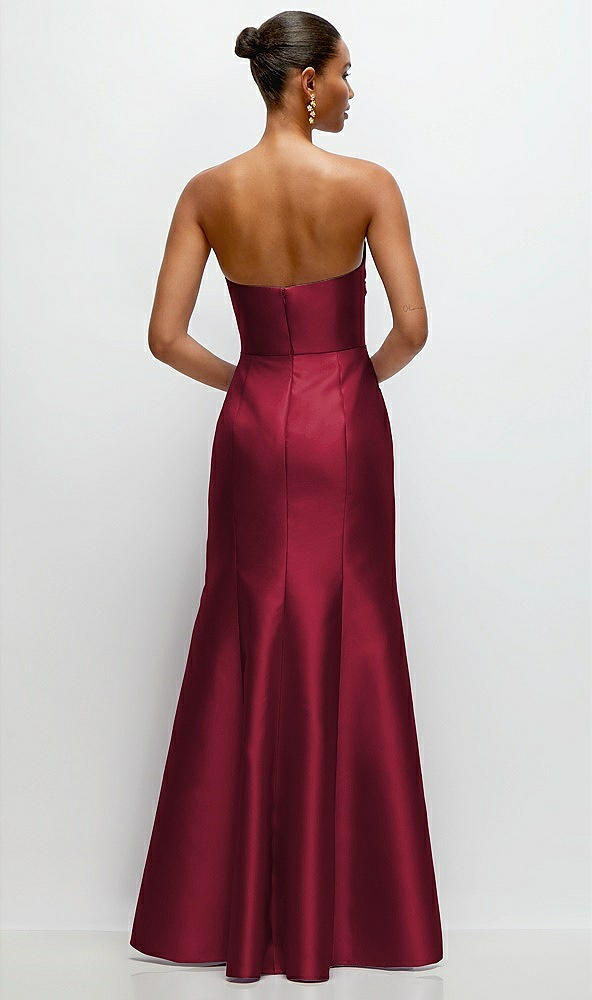 Back View - Burgundy Strapless Cat-Eye Draped Bodice Satin Tumpet Dress