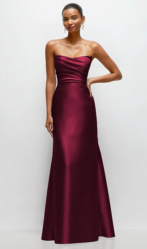 Front View - Cabernet Strapless Cat-Eye Draped Bodice Satin Tumpet Dress