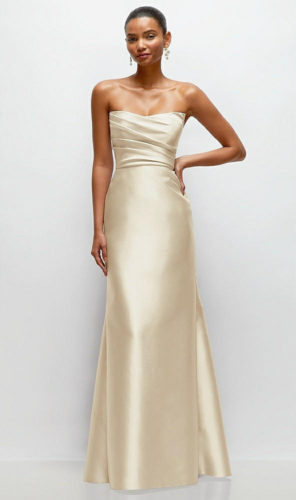 Front View - Champagne Strapless Cat-Eye Draped Bodice Satin Tumpet Dress