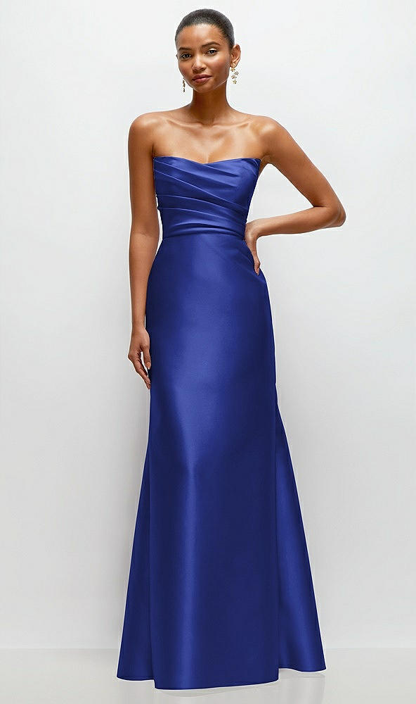 Front View - Cobalt Blue Strapless Cat-Eye Draped Bodice Satin Tumpet Dress