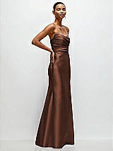 Side View Thumbnail - Cognac Strapless Cat-Eye Draped Bodice Satin Tumpet Dress