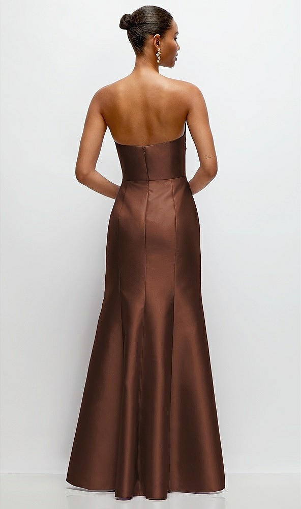 Back View - Cognac Strapless Cat-Eye Draped Bodice Satin Tumpet Dress