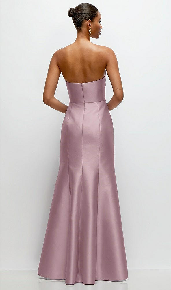 Back View - Dusty Rose Strapless Cat-Eye Draped Bodice Satin Tumpet Dress