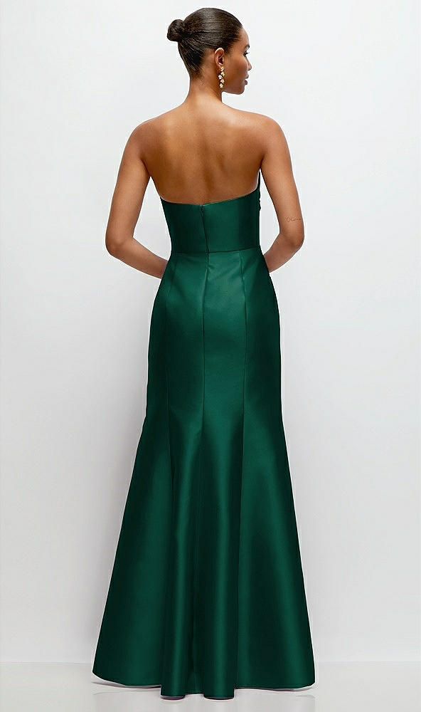 Back View - Hunter Green Strapless Cat-Eye Draped Bodice Satin Tumpet Dress