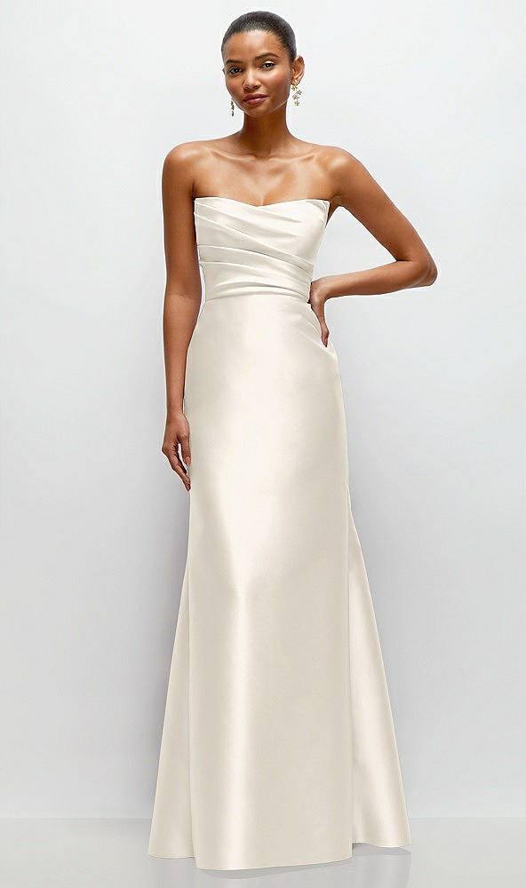 Front View - Ivory Strapless Cat-Eye Draped Bodice Satin Tumpet Dress