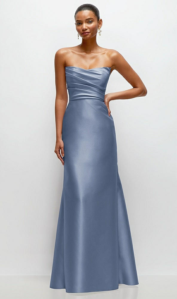 Front View - Larkspur Blue Strapless Cat-Eye Draped Bodice Satin Tumpet Dress