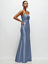 Side View Thumbnail - Larkspur Blue Strapless Cat-Eye Draped Bodice Satin Tumpet Dress