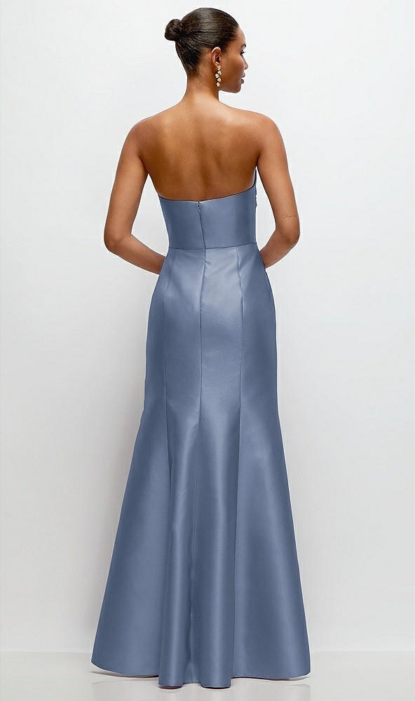 Back View - Larkspur Blue Strapless Cat-Eye Draped Bodice Satin Tumpet Dress