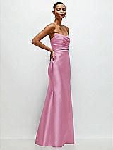 Side View Thumbnail - Powder Pink Strapless Cat-Eye Draped Bodice Satin Tumpet Dress