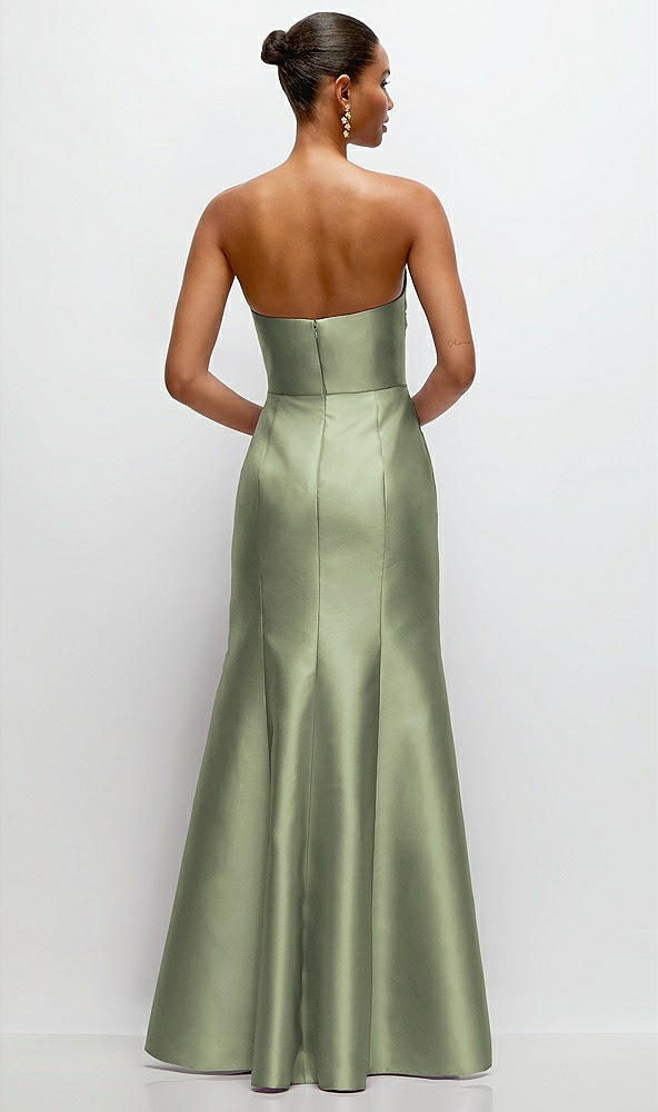 Back View - Sage Strapless Cat-Eye Draped Bodice Satin Tumpet Dress