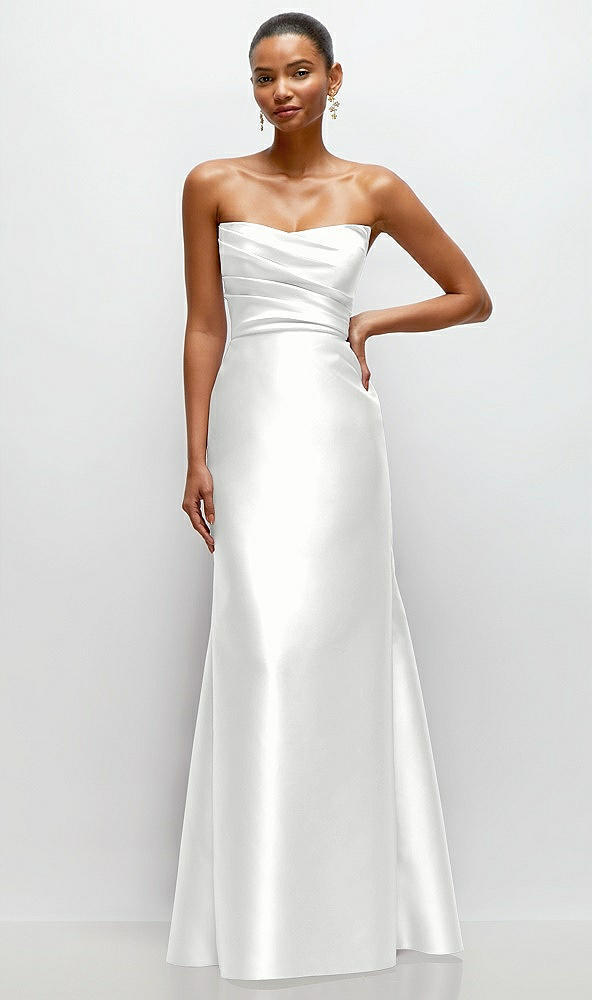 Front View - White Strapless Cat-Eye Draped Bodice Satin Tumpet Dress