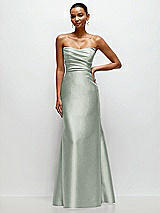 Front View Thumbnail - Willow Green Strapless Cat-Eye Draped Bodice Satin Tumpet Dress