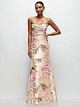 Front View Thumbnail - Butterfly Botanica Pink Sand Strapless Cat-Eye Draped Bodice Floral Satin Tumpet Dress