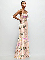 Side View Thumbnail - Butterfly Botanica Pink Sand Strapless Cat-Eye Draped Bodice Floral Satin Tumpet Dress