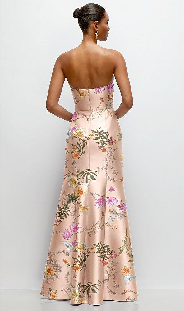 Back View - Butterfly Botanica Pink Sand Strapless Cat-Eye Draped Bodice Floral Satin Tumpet Dress