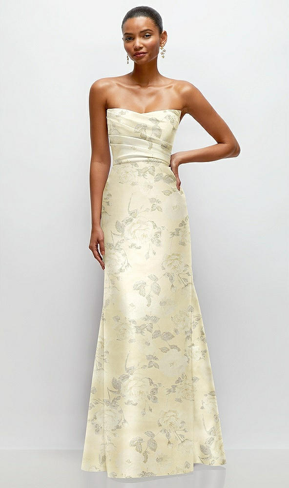 Front View - Butter Yellow Floral Strapless Cat-Eye Draped Bodice Floral Satin Tumpet Dress
